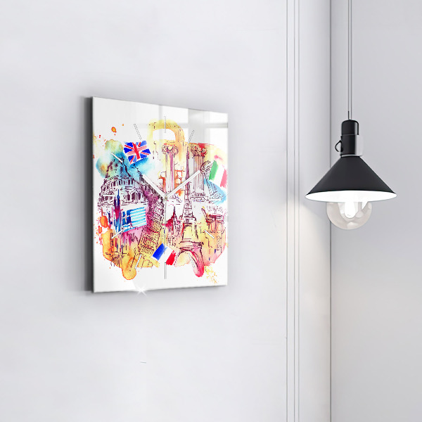 Square glass wall clock Attractive countries in the world