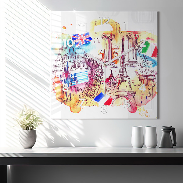 Square glass wall clock Attractive countries in the world