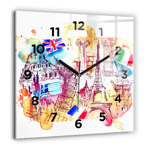 Square glass wall clock Attractive countries in the world