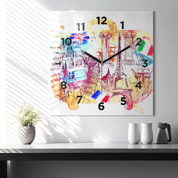 Square glass wall clock Attractive countries in the world
