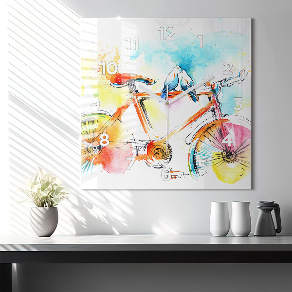 Square glass wall clock Painted bike