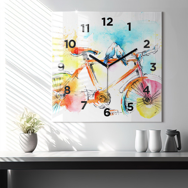 Square glass wall clock Painted bike