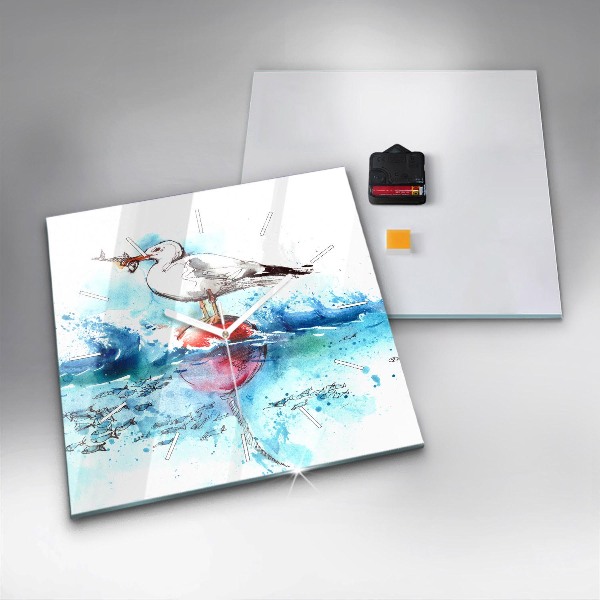 Square glass wall clock Painted seagull