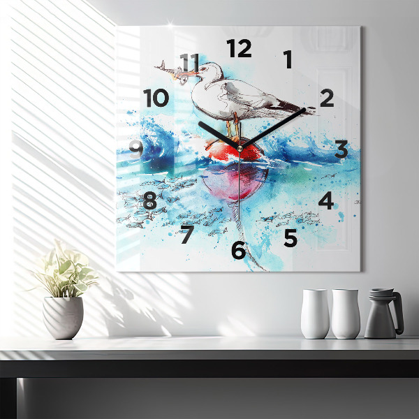 Square glass wall clock Painted seagull