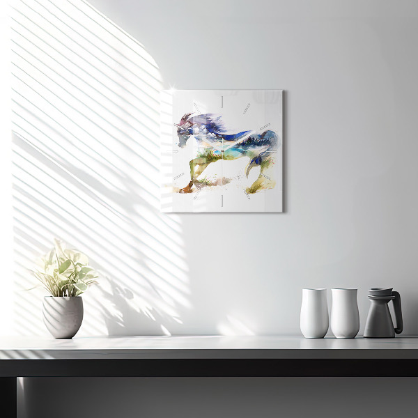 Square glass wall clock Painted Mountains and Horse