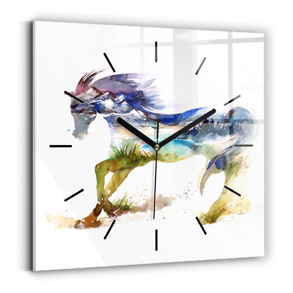 Square glass wall clock Painted Mountains and Horse