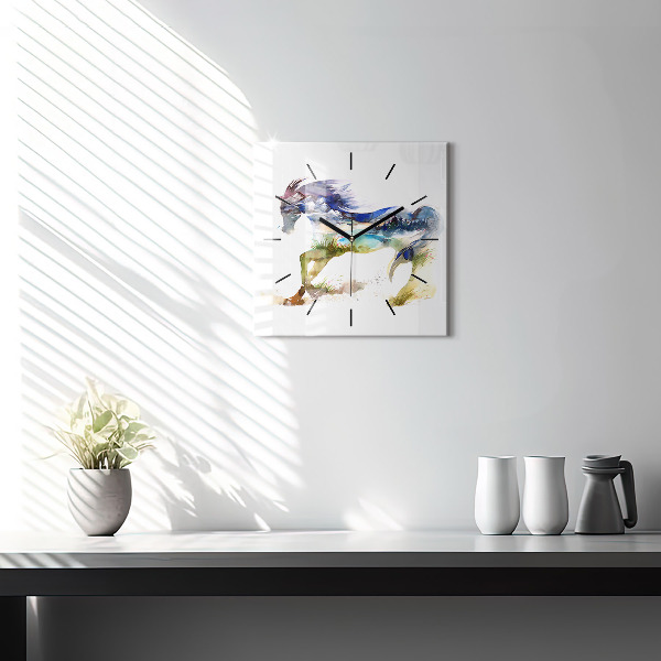 Square glass wall clock Painted Mountains and Horse