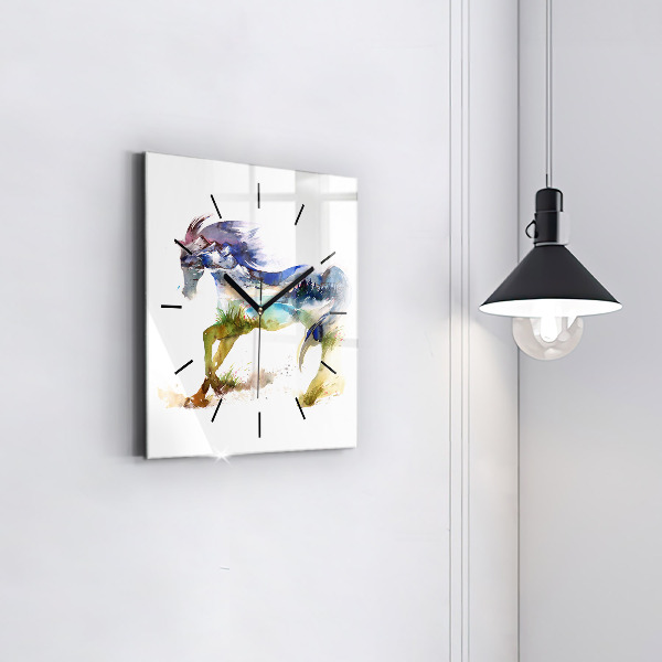Square glass wall clock Painted Mountains and Horse