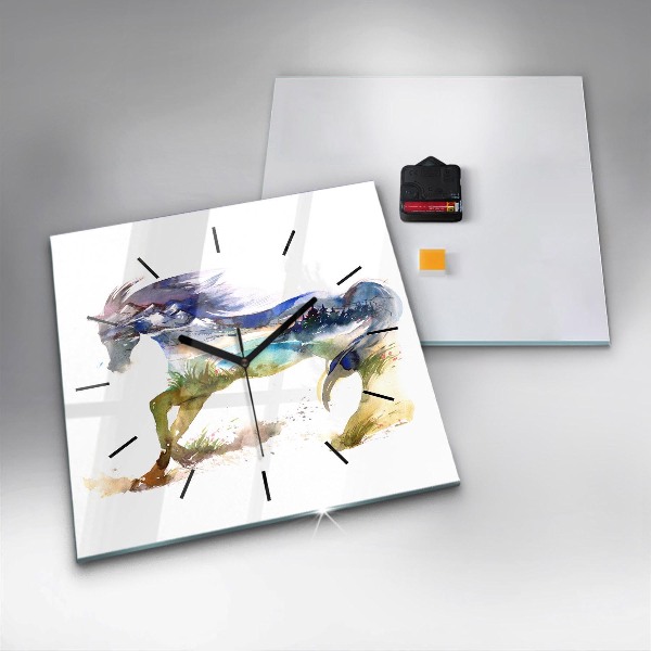 Square glass wall clock Painted Mountains and Horse