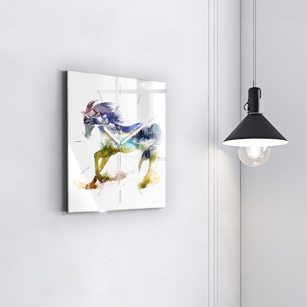 Square glass wall clock Painted Mountains and Horse