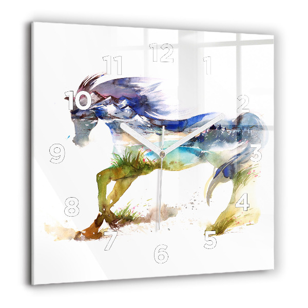 Square glass wall clock Painted Mountains and Horse