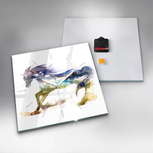 Square glass wall clock Painted Mountains and Horse