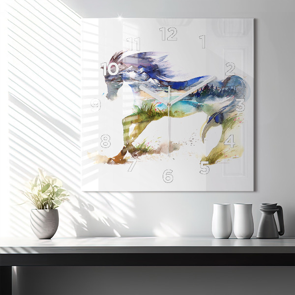 Square glass wall clock Painted Mountains and Horse