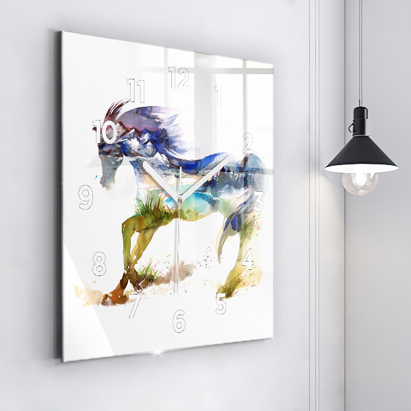Square glass wall clock Painted Mountains and Horse