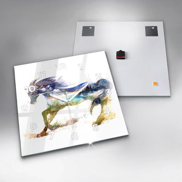 Square glass wall clock Painted Mountains and Horse