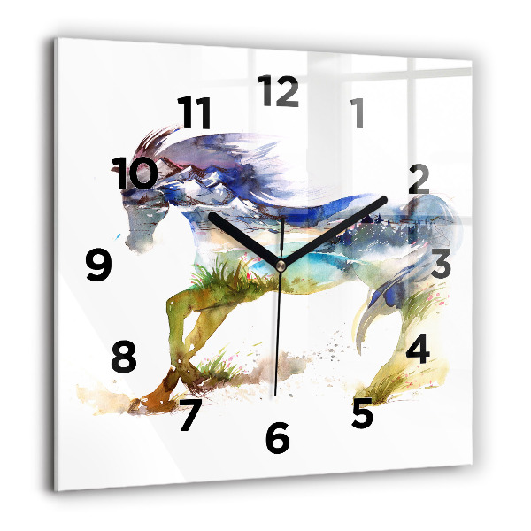 Square glass wall clock Painted Mountains and Horse