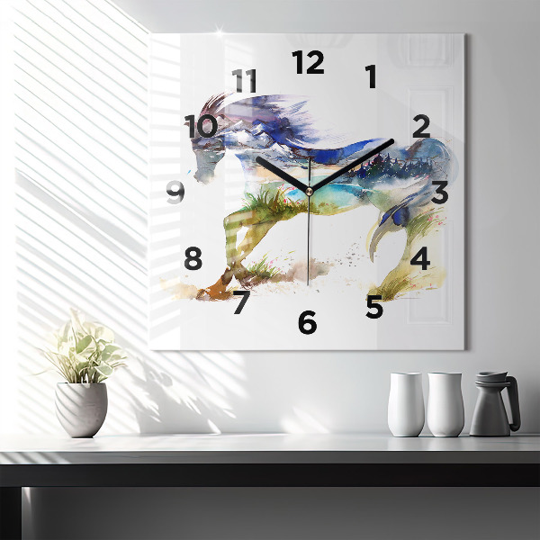 Square glass wall clock Painted Mountains and Horse