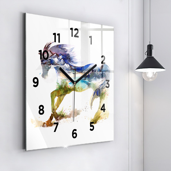 Square glass wall clock Painted Mountains and Horse
