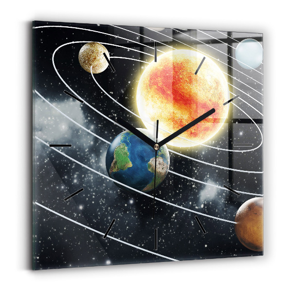 Square glass wall clock The solar system