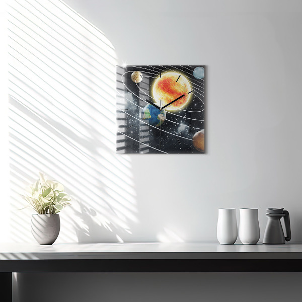 Square glass wall clock The solar system
