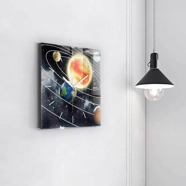 Square glass wall clock The solar system