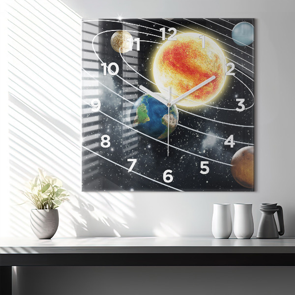 Square glass wall clock The solar system