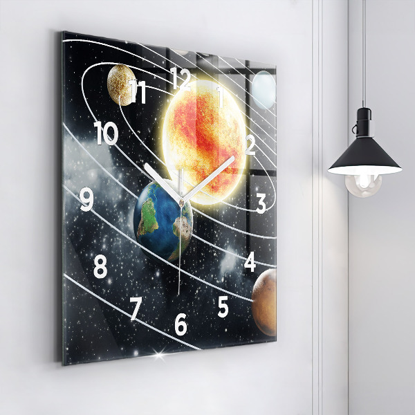 Square glass wall clock The solar system
