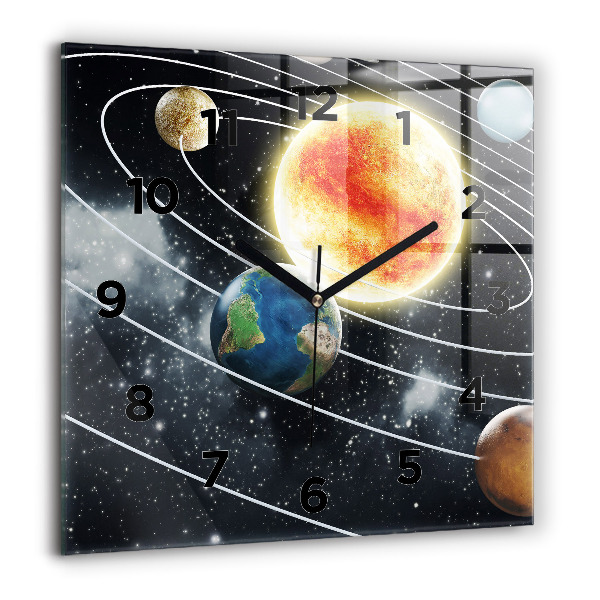 Square glass wall clock The solar system