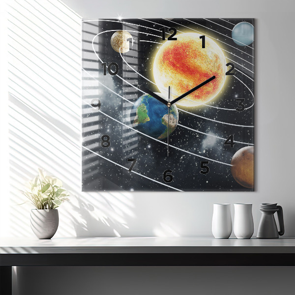 Square glass wall clock The solar system