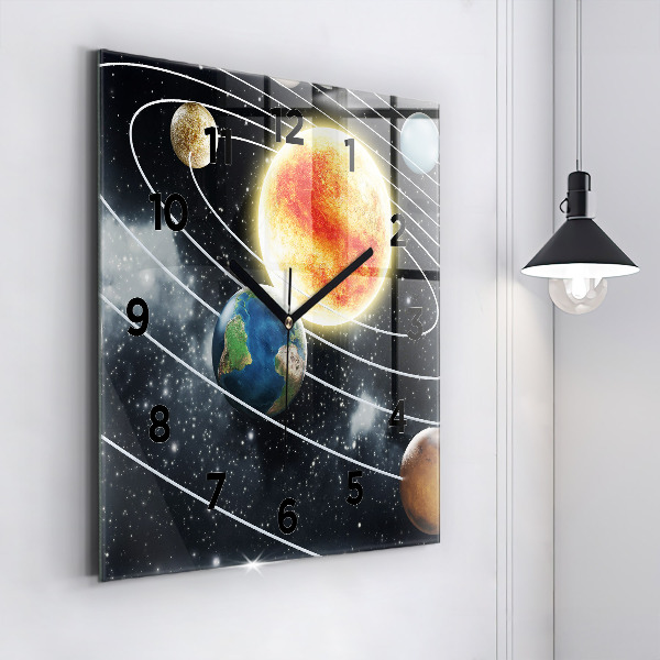 Square glass wall clock The solar system