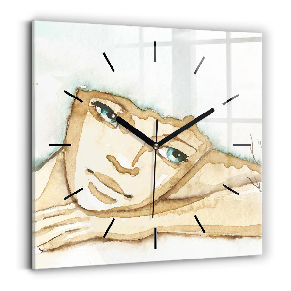 Square glass wall clock Portrait of a woman