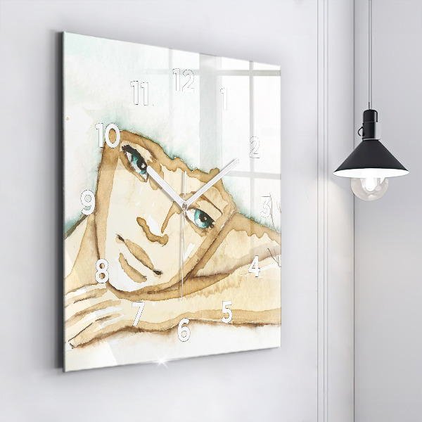 Square glass wall clock Portrait of a woman