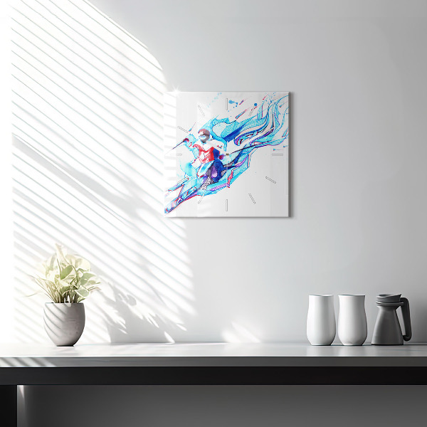 Square glass wall clock Skier