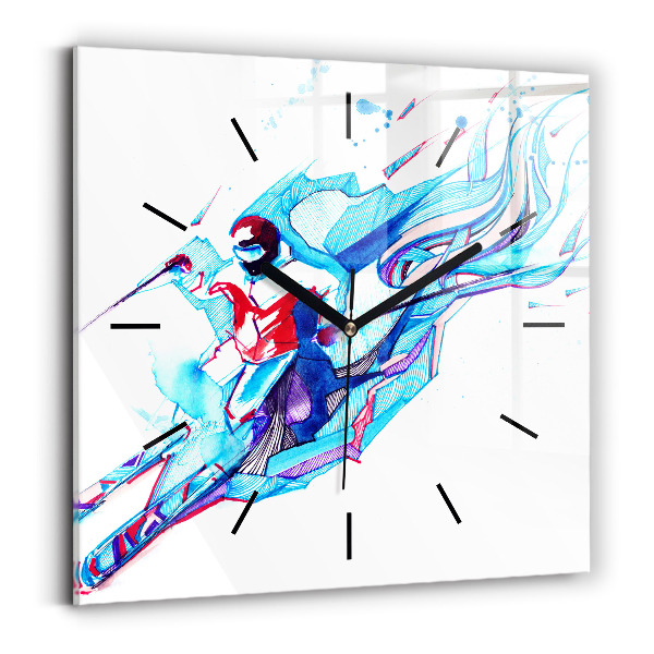 Square glass wall clock Skier