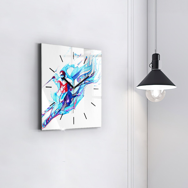 Square glass wall clock Skier
