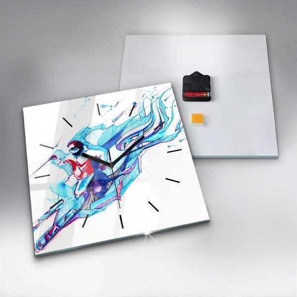 Square glass wall clock Skier