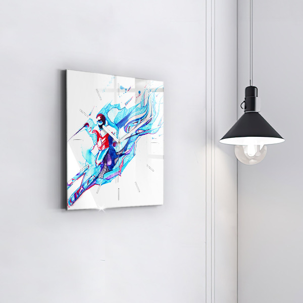 Square glass wall clock Skier