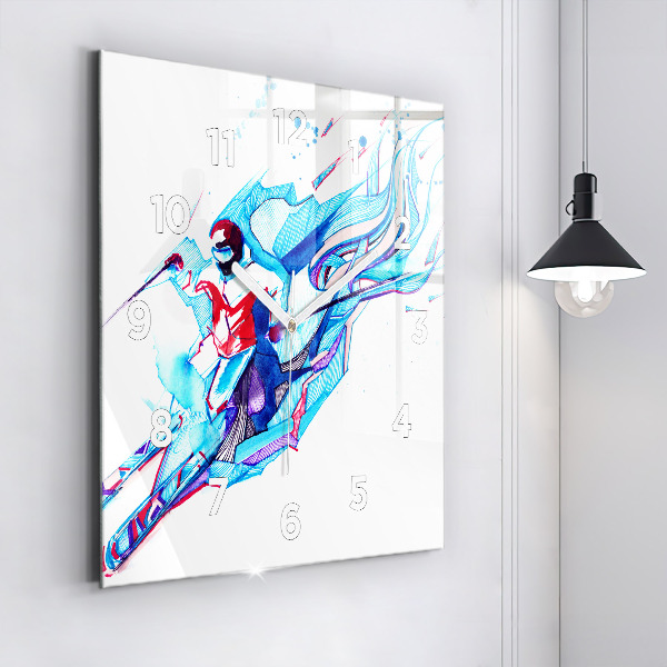 Square glass wall clock Skier