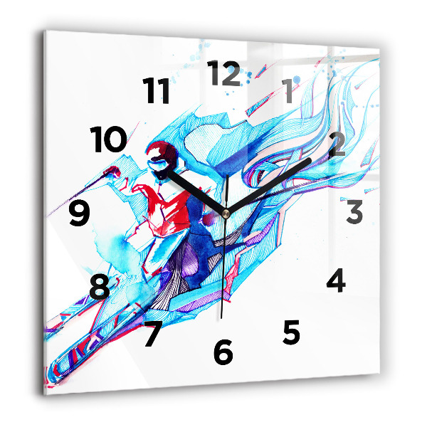 Square glass wall clock Skier