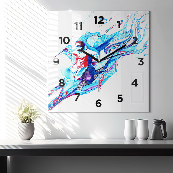 Square glass wall clock Skier