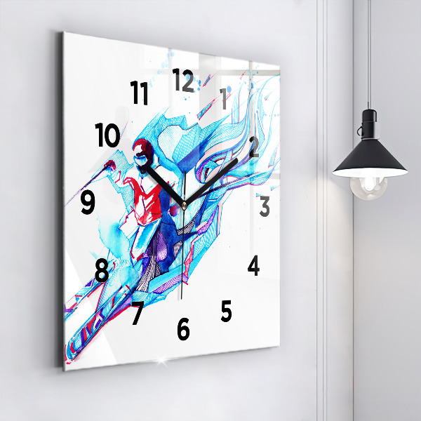 Square glass wall clock Skier