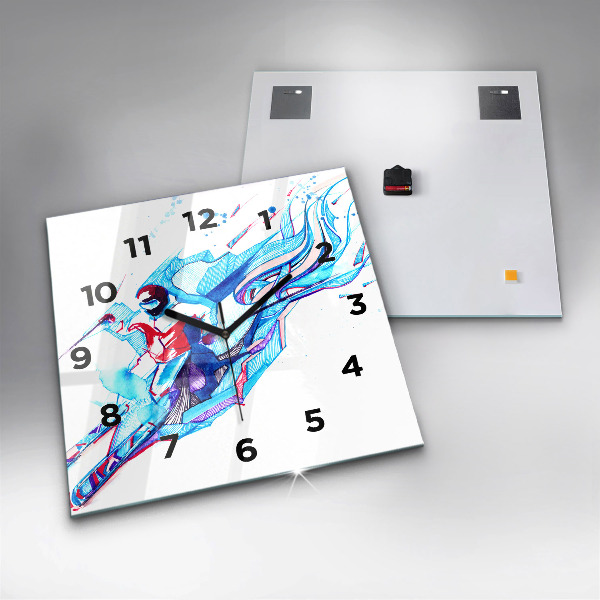 Square glass wall clock Skier