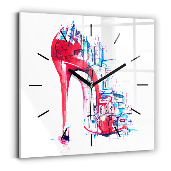 Square glass wall clock Red heel