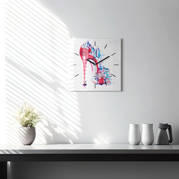 Square glass wall clock Red heel