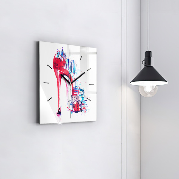 Square glass wall clock Red heel