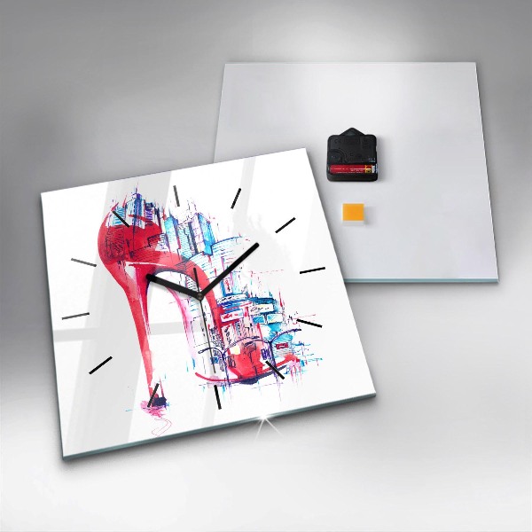 Square glass wall clock Red heel