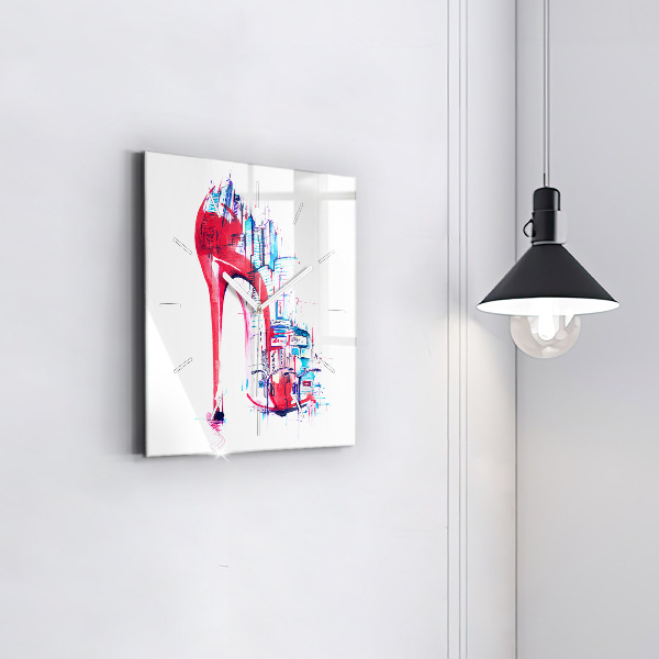 Square glass wall clock Red heel