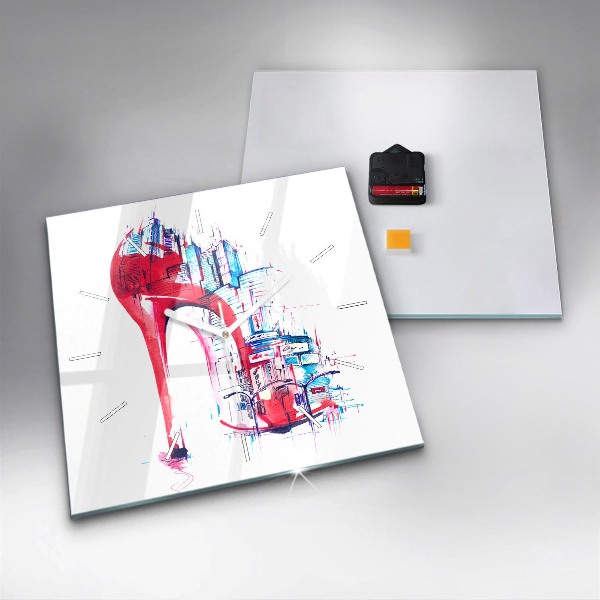 Square glass wall clock Red heel