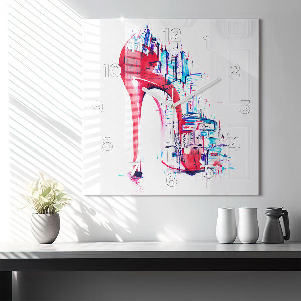 Square glass wall clock Red heel