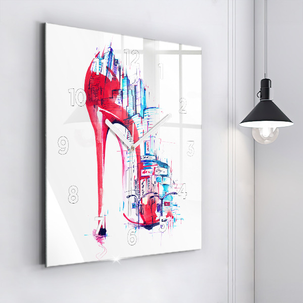 Square glass wall clock Red heel